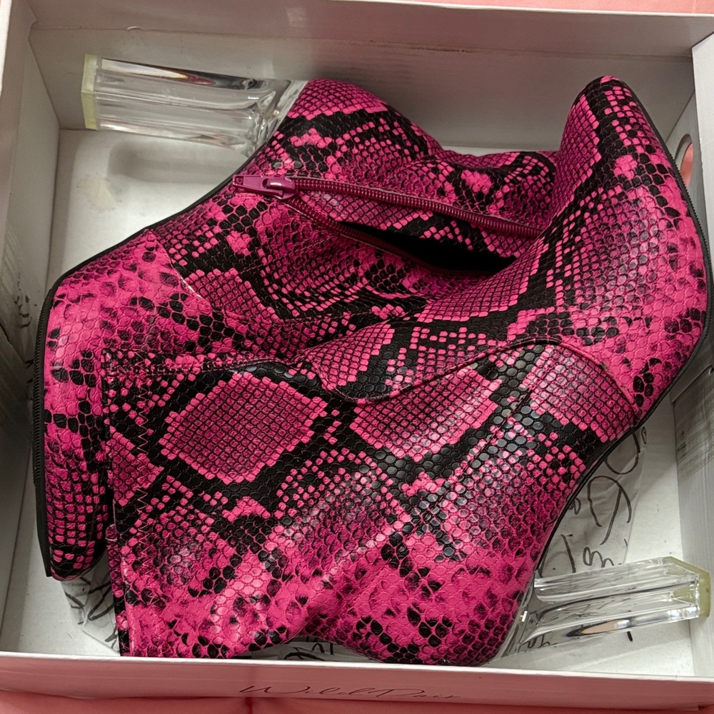 Wild Pair Fuchsia Snake Print Boots with Clear Heels. - Picture 8 of 9